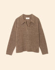 The Ethan Sweater by Xirena is a light brown, long-sleeved baby alpaca Henley pullover with a collar and three buttons at the neckline, shown laid flat on a beige background.