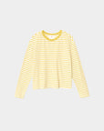 The Xirena Terrance Top is a long sleeve tee made in Los Angeles, featuring yellow and white stripes on soft cotton jersey with a yellow collar, shown laid flat on a plain white background.