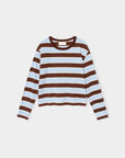 Long sleeve Xirena Terrance Tee in blue and brown stripes, boxy fit, vintage style, laid flat on white background.