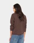 Xirena Collin Sweater in dark knit, styled with blue jeans, seen from the back against a plain backdrop.