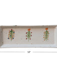 The Creative Co-op Tree Platter is a 12" x 4.5" rectangular hand-painted stoneware tray with three Christmas trees topped with stars and a speckled background—ideal for festive holiday serving.