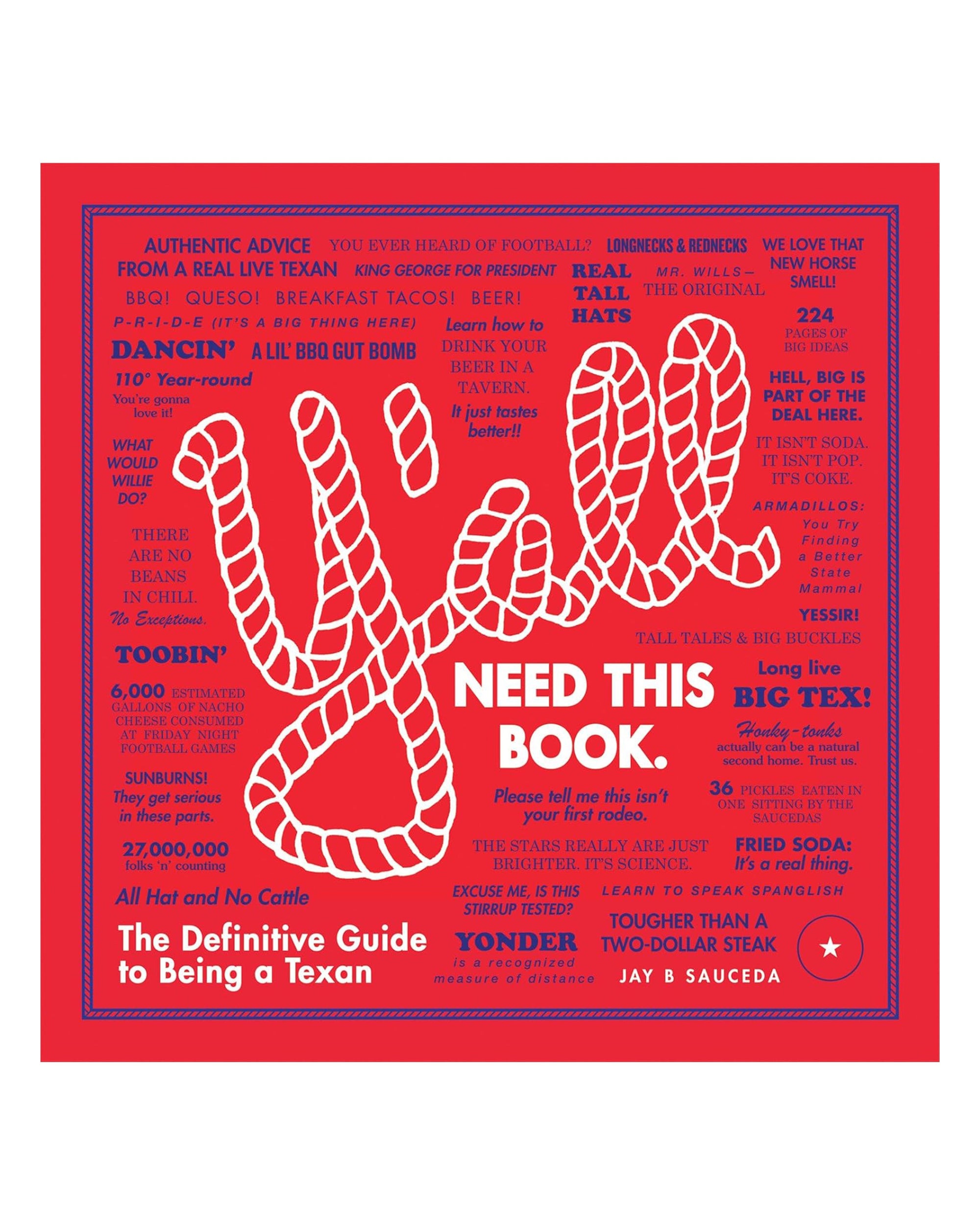 A red book cover with "Y'all" in bold, rope-like white letters, surrounded by Texan sayings and facts. Bottom text: "Y'all: Guide to Being a Texan" by Jay B Sauceda, from Gibbs Smith Publisher.