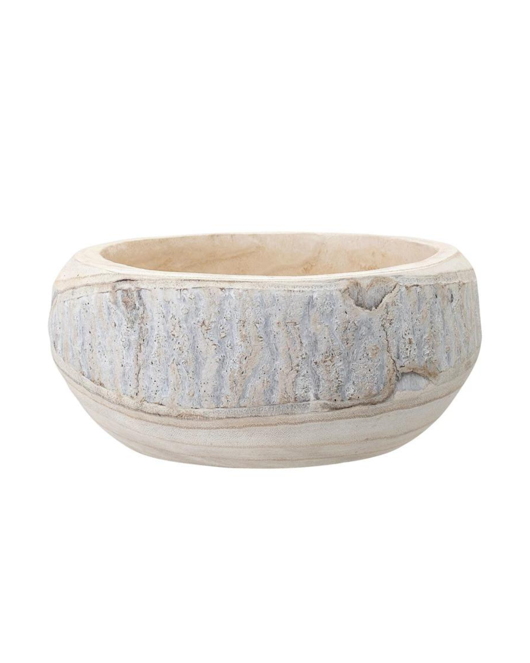A round, shallow stone bowl with natural, textured patterns in tones of beige and gray, reminiscent of Scottsdale Arizona, isolated on a white background by Bloomingville.