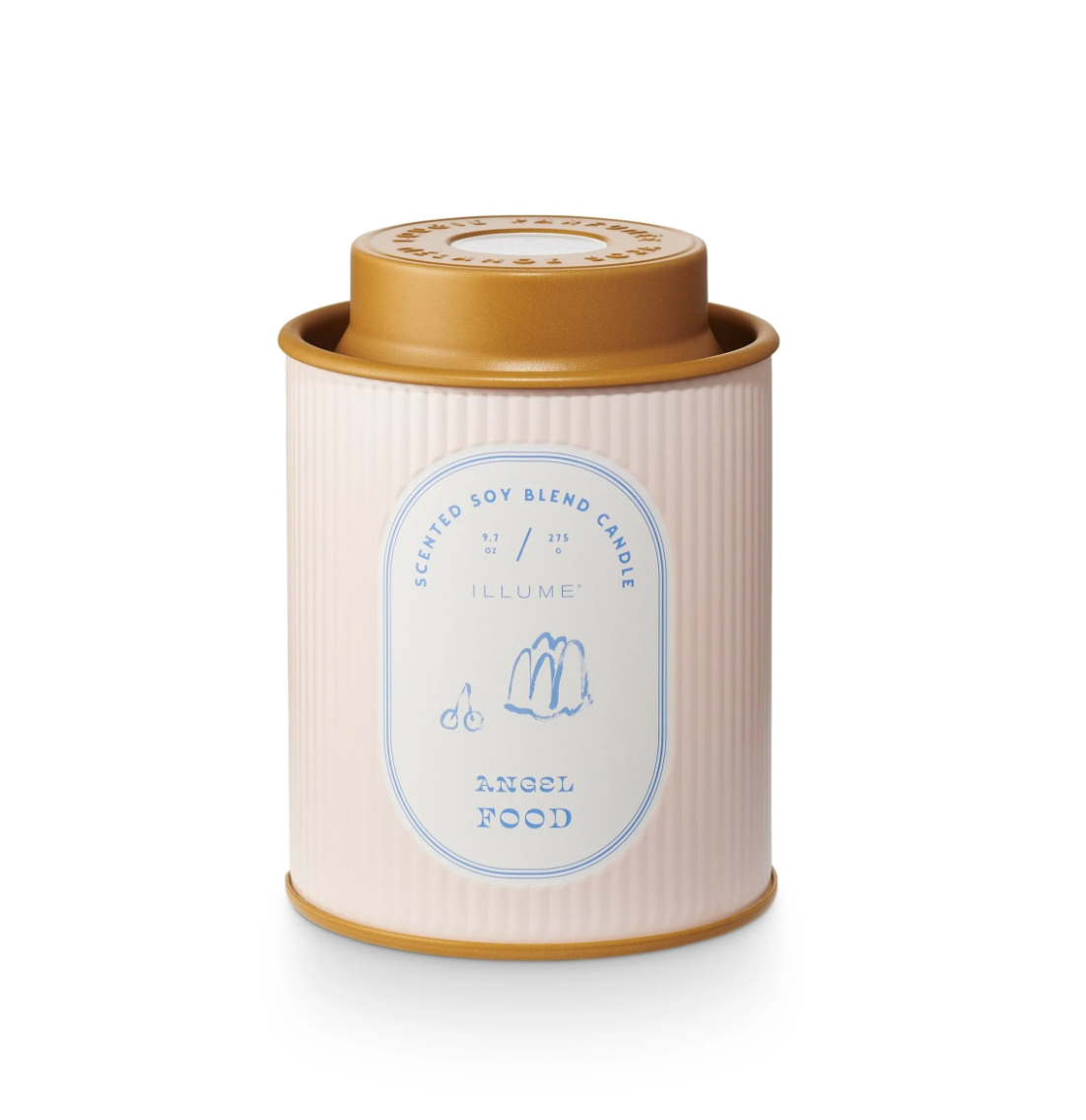 An elegant Illume soy blend candle in a cylindrical beige container with a gold lid, labeled &quot;Bungalow Angel Food&quot; in blue print, isolated on a white background.