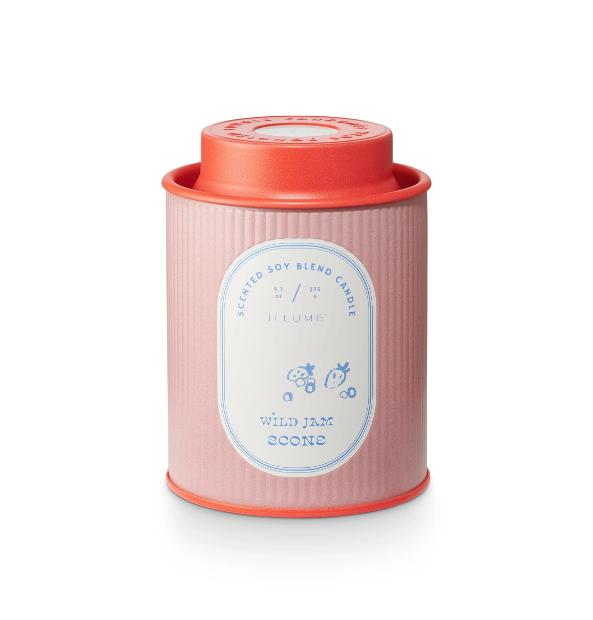 A pink scented soy blend candle in a bungalow-style tin container with a white label and a red lid, labeled &quot;Illume Wild Jam Scone Candle.&quot; The background is white.