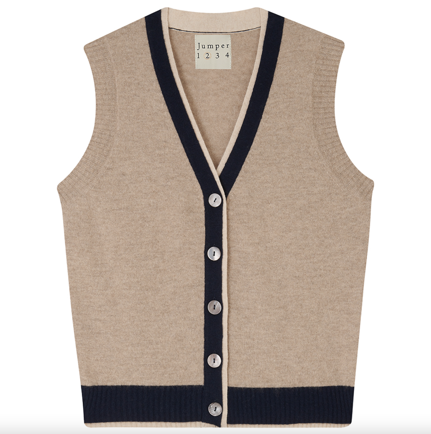 A beige sleeveless DOUBLE RIB SLEEVELESS CARDIGAN with dark blue trim and buttons, featuring a V-neckline and a visible interior label marked "Jumper 1 2 3 4," exuding Arizona style.