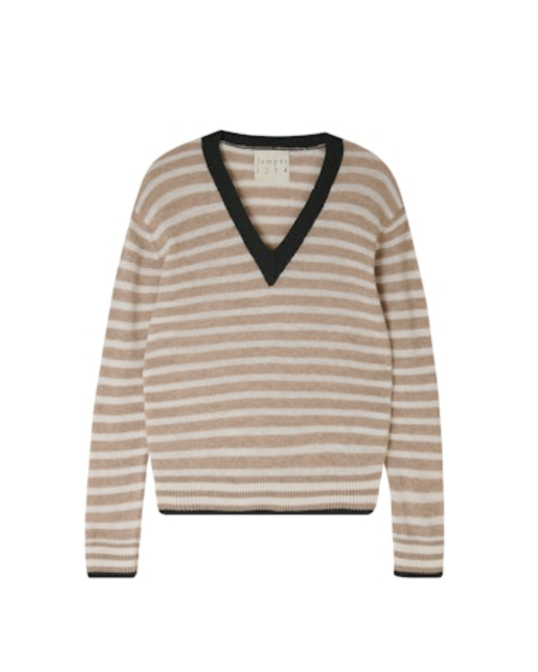 A TIPPED STRIPE VEE sweater with horizontal beige and white stripes and a black V-neck collar, displayed against a white background in Jumper 1 2 3 4/CR2 style.