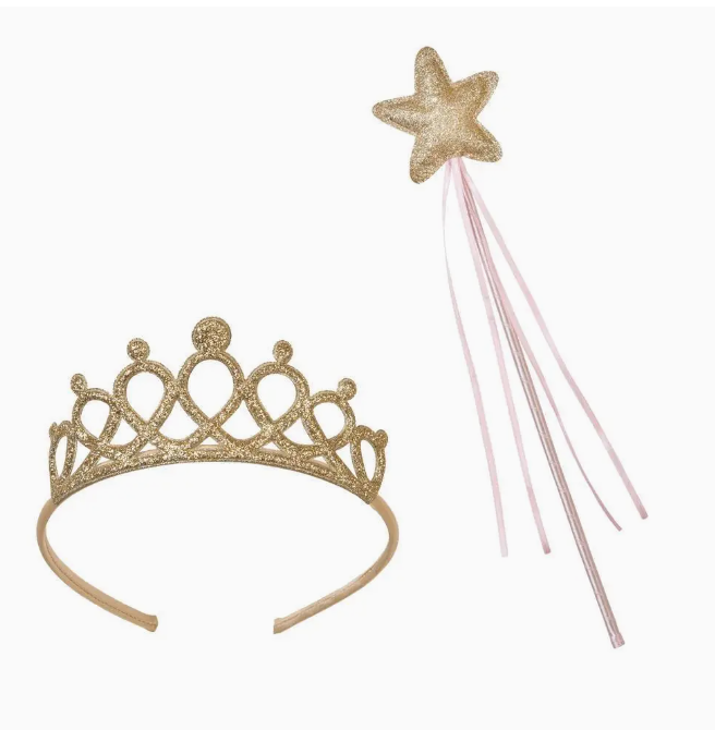 A Faire pink gold wand tiara set with a gold star and pink ribbons, reminiscent of the glamorous style of Scottsdale Arizona, isolated on a white background.