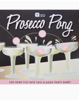 Faire's Prosecco Pong Drinking Game" box featuring a graphic of six champagne glasses with pink ping pong balls, set against a black background with festive white and pink confetti design and the text "Add some fizz into this classic party game at your Scottsdale Arizona bungalow!".