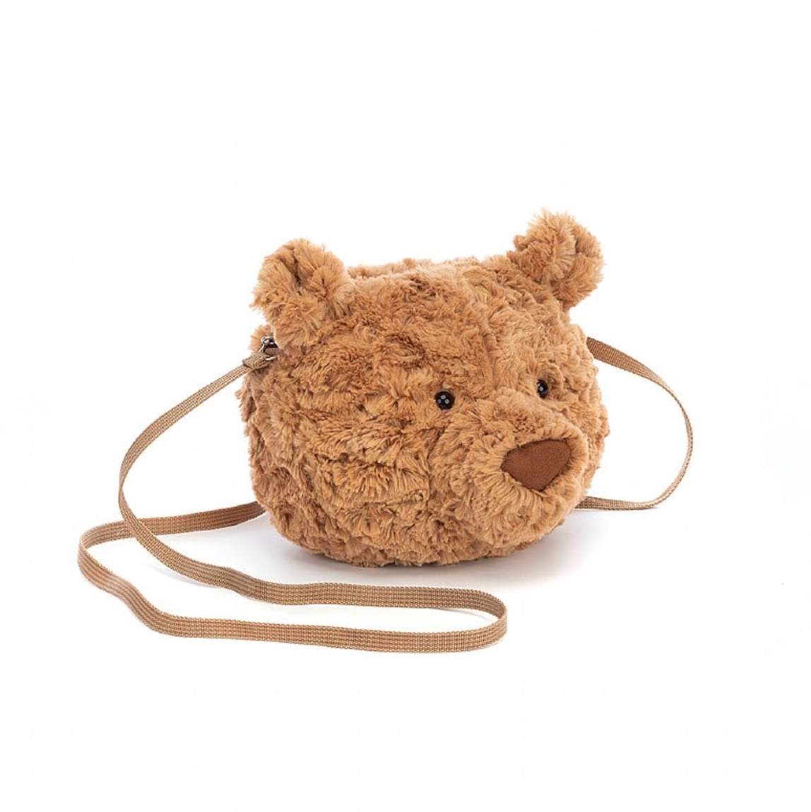 A Bart Bear Bag by Jelly Cat Inc., with a crossbody strap, featuring a cute face with button eyes and a small nose, set against an Arizona-style background.