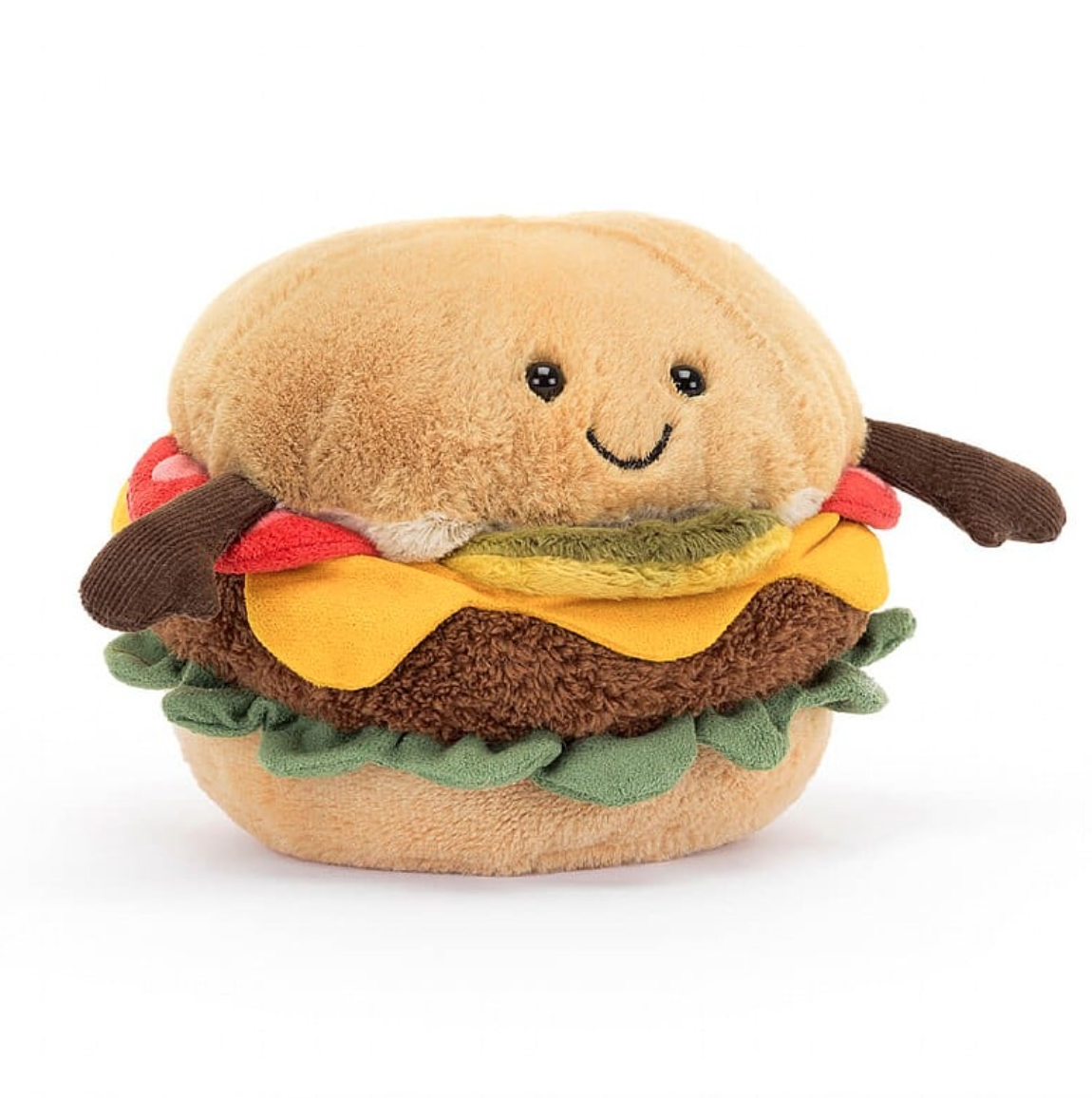 Stuffed toy styled like a smiling Amuseable Burger with layers of cheese, lettuce, and tomato, isolated on a white background. (Brand Name: Jelly Cat Inc.)