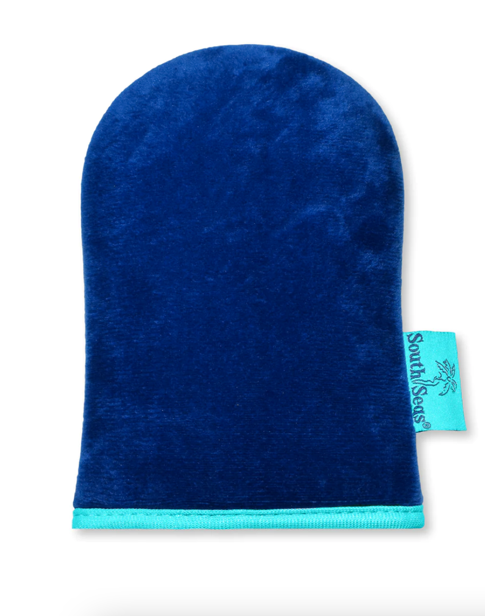 A royal blue Sea Sponge Bronzing Mitt with a bright teal trim and a label reading "South Seas Skincare" attached to the side, displayed against a white Bungalow background.