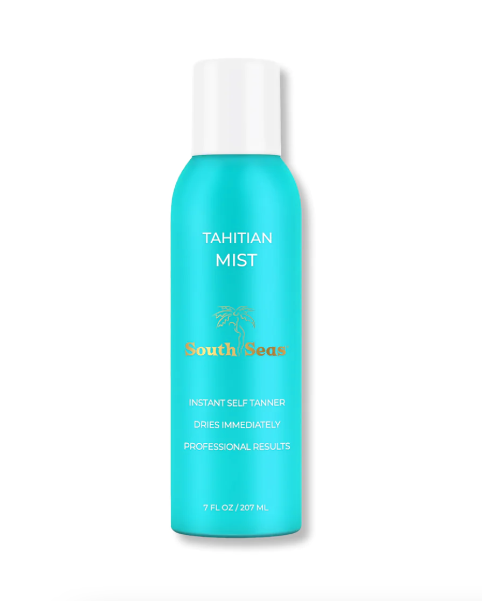 A bottle of South Seas Skincare Tahitian Tan Mist 7oz, featuring a turquoise label with white text. The product is presented against a clean, white background in a Scottsdale Arizona bungalow.