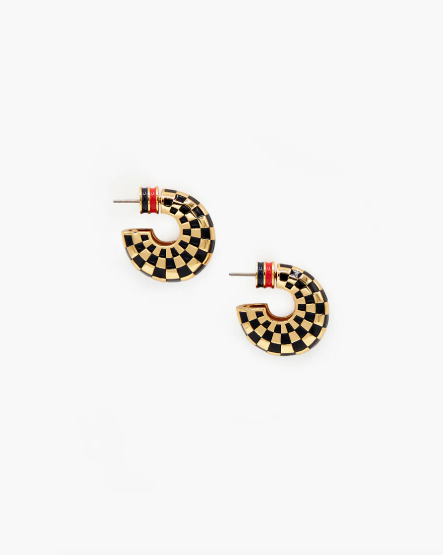 A pair of Le Hoop Black &amp; Gold Checker half-moon earrings with an Arizona red accent, displayed on a white background by Clare Vivier.