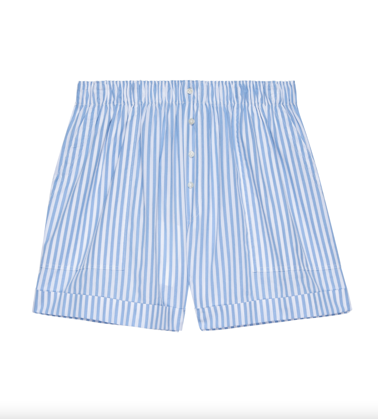 A pair of The Great Inc. men&#39;s Boxer Short LIGHT SKY STUDIO STRIPE with blue and white vertical stripes, featuring a buttoned fly, displayed on a white background in Scottsdale Arizona.