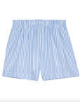 The Great Inc. 'The Boxer Short' in light blue and white vertical stripes features an elastic waistband, white front buttons, side pockets, and a relaxed fit, shown on a white background.