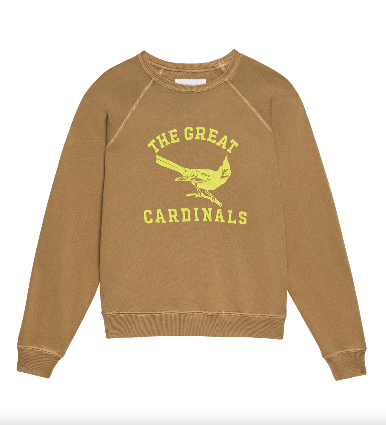 Brown Shrunken Sweatshirt with the text "THE GREAT CARDINALS" and an image of a bird in flight, isolated on a white background, reminiscent of Scottsdale Arizona by The Great Inc.