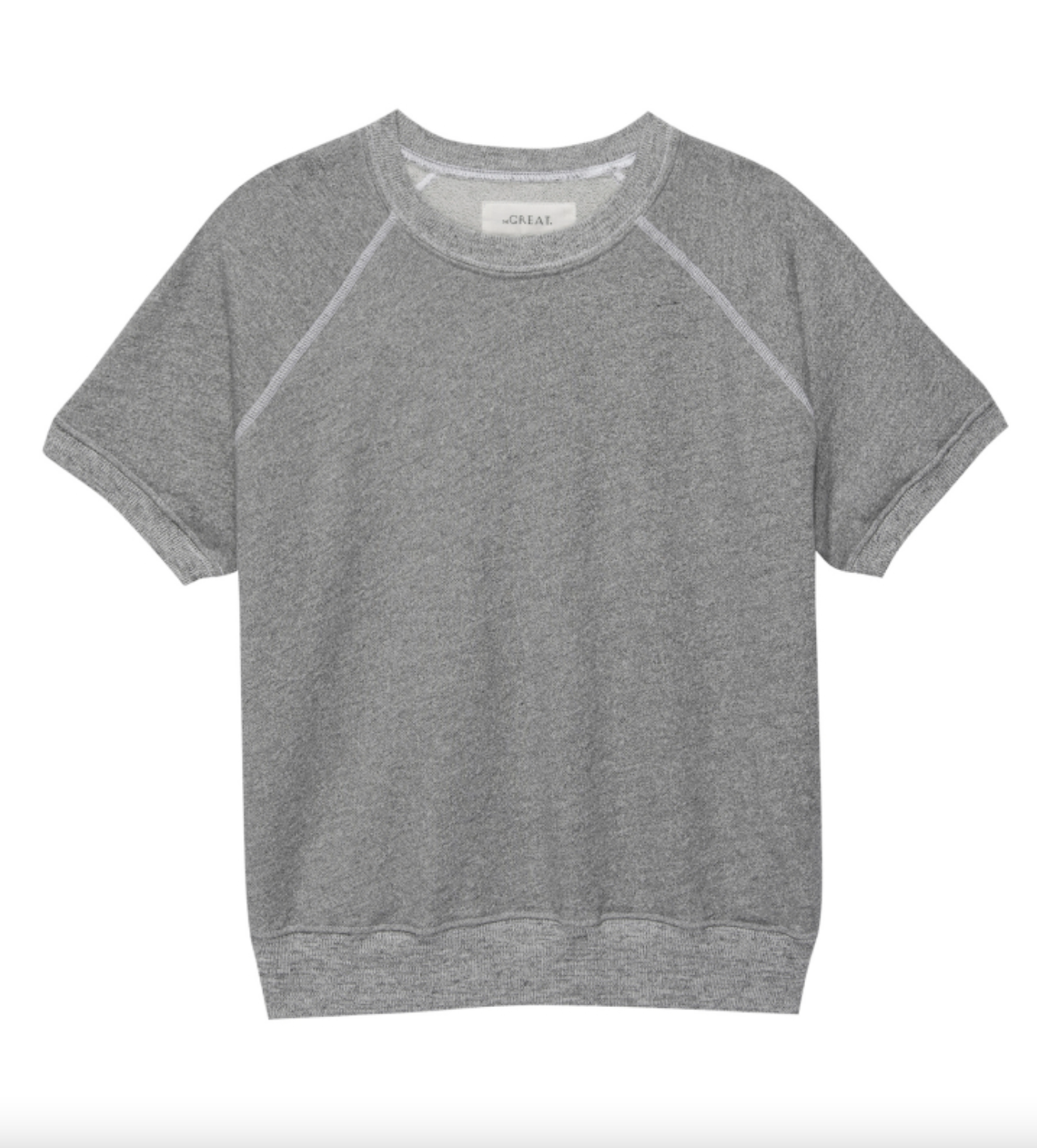 The Short Sleeve Sweatshirt Varsity Grey displayed on a plain background, featuring short sleeves and visible seam stitching at the shoulders, perfect for a casual outing in Scottsdale, Arizona by The Great Inc.