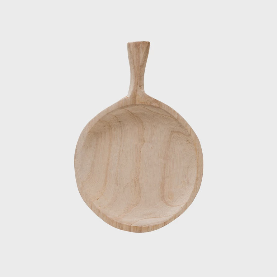 A simple Paulownia Wood Tray with Handle, featuring a circular bowl and a handle, isolated on a white background, reminiscent of a bungalow-style kitchen by Bloomingville.