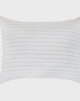 This rectangular white pillow, known as the Blake Big Pillow 28x36 from POM POM, is part of the Lake Linen Collection and features thin, evenly spaced horizontal gray stripes on a plain background.