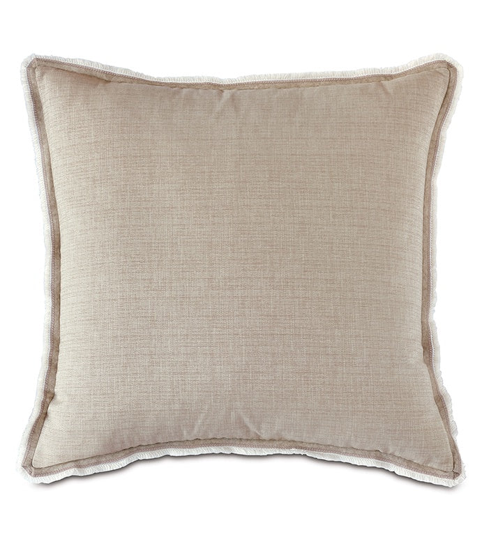 Aldrich Brush Fringe 27x27" throw pillow by Eastern Accents, with a darker beige flange border evocative of Scottsdale Arizona styles, set against a white background.