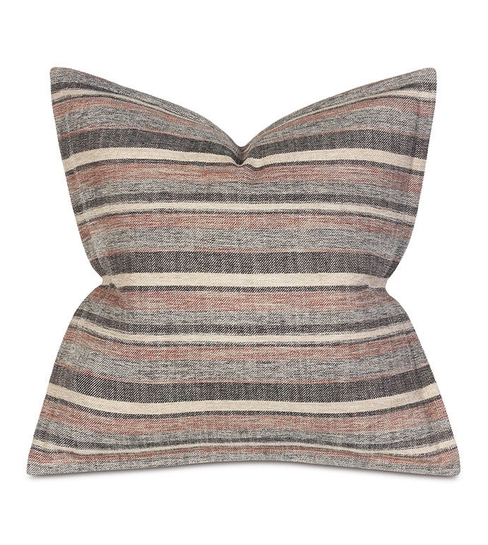 Eastern Accents Ridge Striped 27x27" decorative pillow with a striped pattern in shades of gray, black, and muted orange. The pillow has a distinct texture and is shaped in a bungalow-inspired pointed bow design.