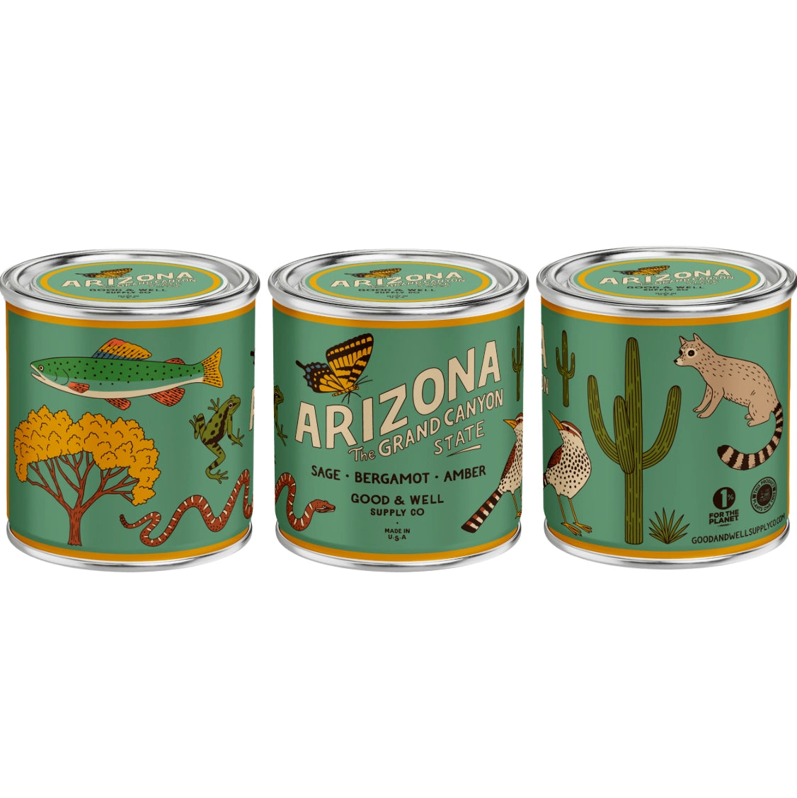 The Arizona State Soy Candle by Faire features teal wax in metal tins decorated with Arizona wildlife and plants—fish, snake, cactus, bird—and evokes the Grand Canyon State with nostalgic home scents of sage, bergamot, and amber.
