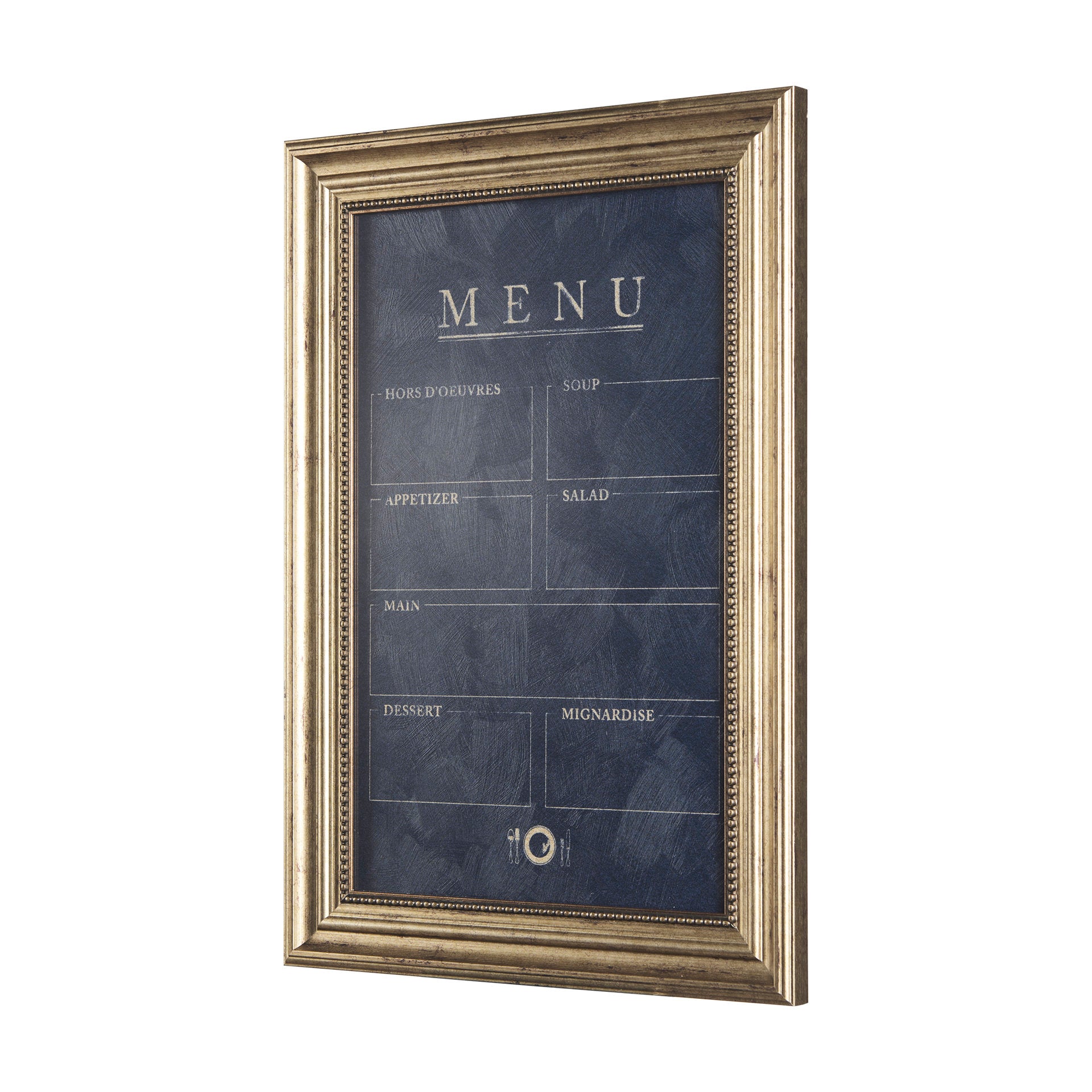 A framed Menu Art board by Mercana with decorative golden edges, featuring sections labeled &quot;Hors d&#39;oeuvres,&quot; &quot;Soup,&quot; &quot;Appetizer,&quot; &quot;Salad,&quot; &quot;Main,&quot; &quot;Dessert,&quot; and &quot;Mignardise&quot; on a textured dark blue background, displayed in a Scottsdale