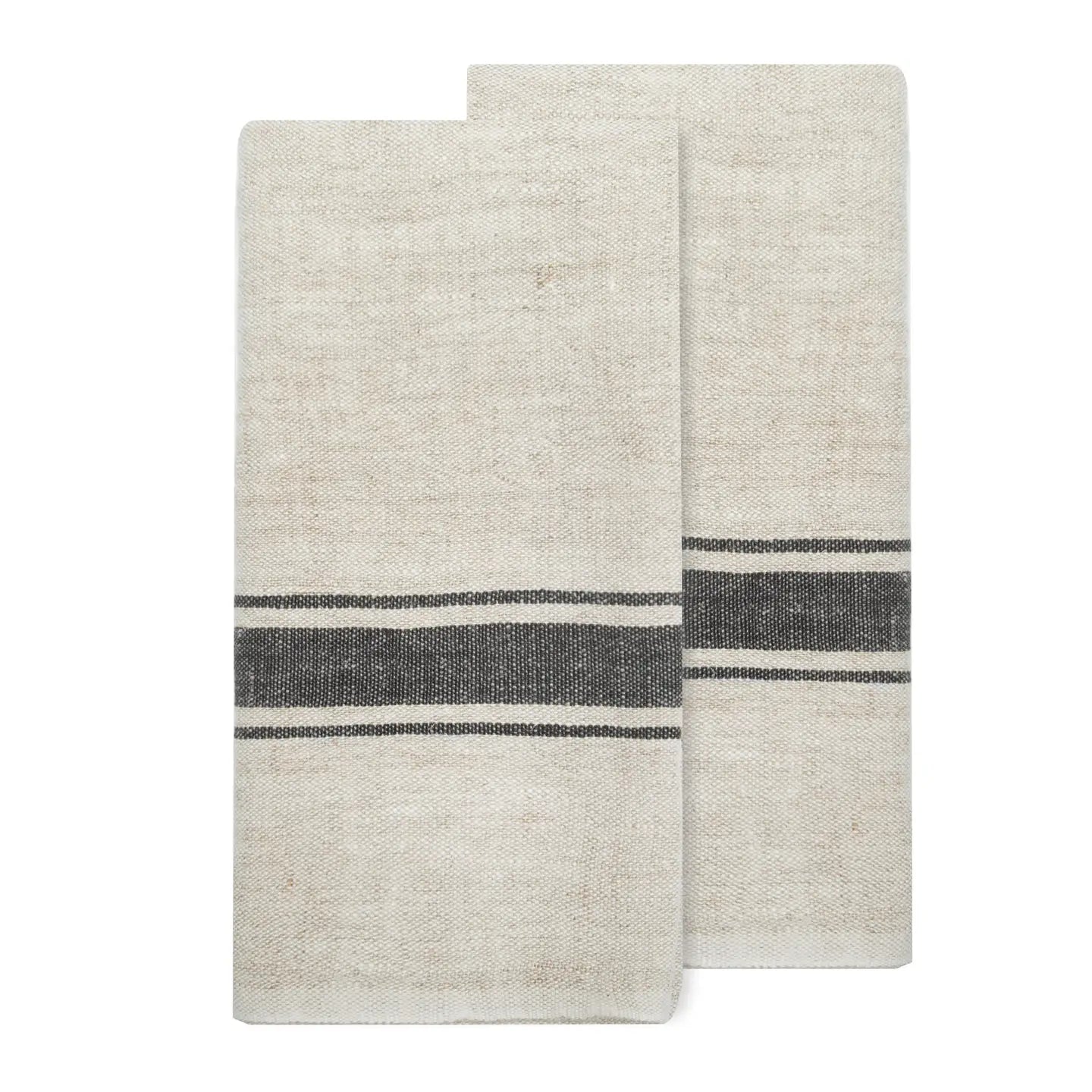 The CH Tea Towels S/2 by Faire feature two folded beige linen-cotton blend towels with a simple black horizontal stripe near the center, displayed side by side on a white background.