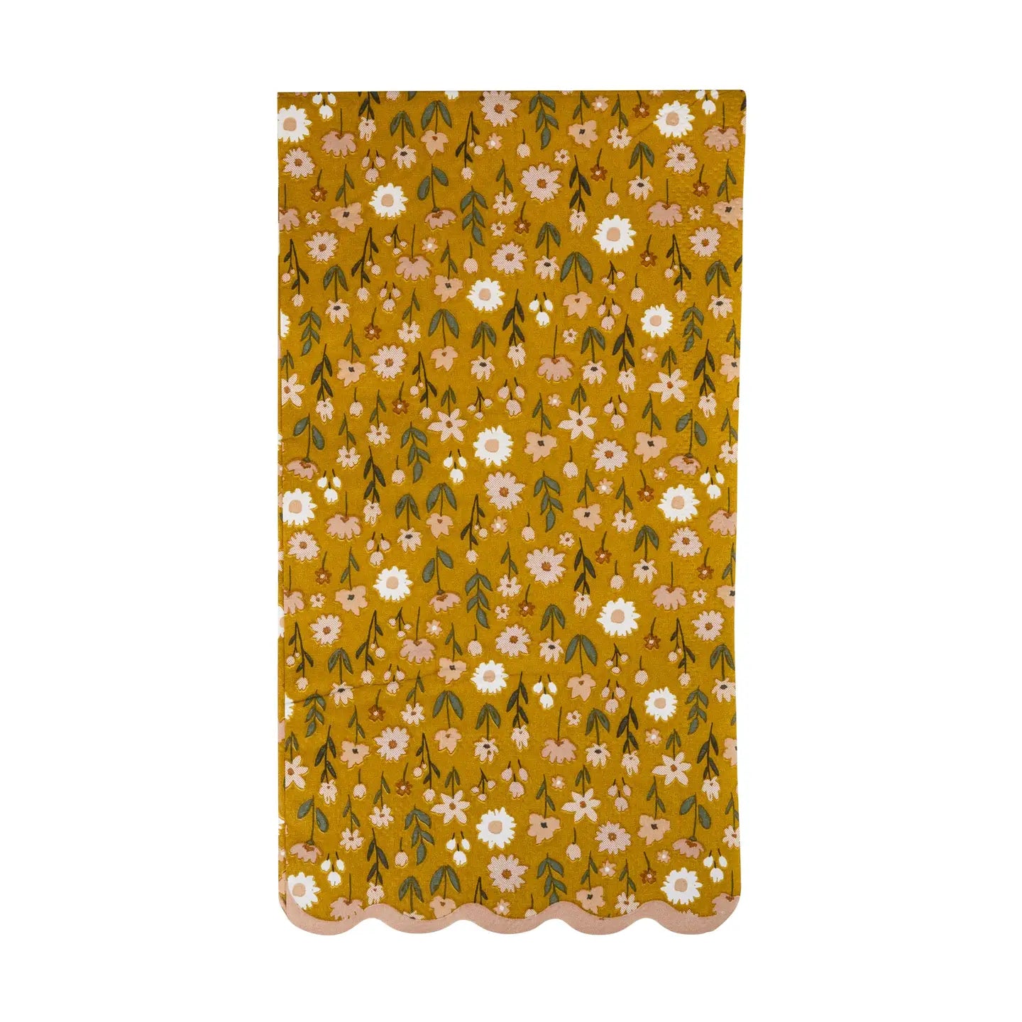 The My Mind's Eye Guest/Dinner Napkin features a yellow rectangular design with a pink and white floral pattern, green leaves, and a scalloped pink edge, adding elegance to any table setting.