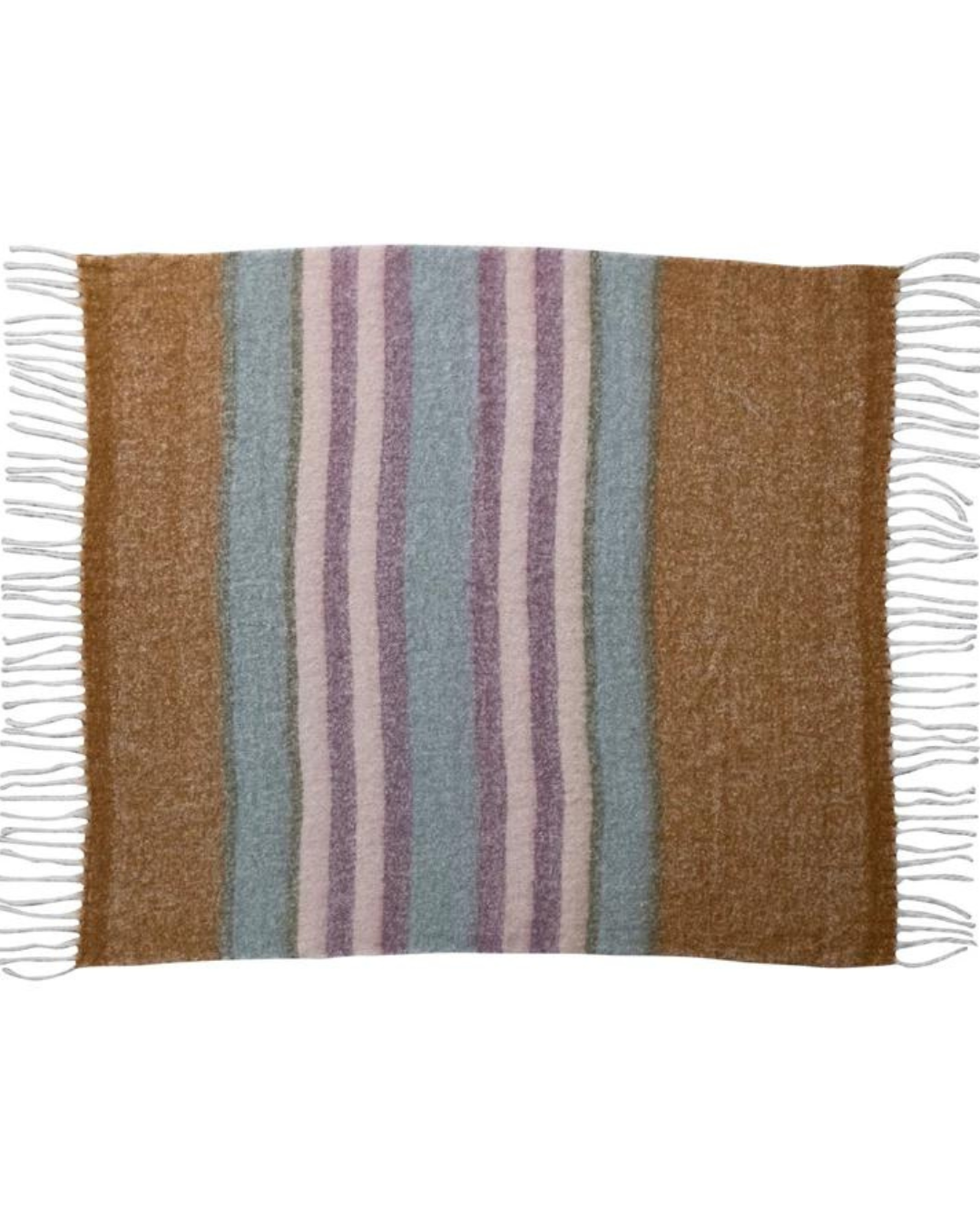 The Creative Co-op Wool Throw Stripes & Fringe 60x50 is a rectangular blanket crafted from brushed acrylic and New Zealand wool, showcasing vertical stripes in shades of brown, purple, blue, and beige. The throw blanket features white fringe on both shorter sides for a decorative touch and has a soft and cozy texture.