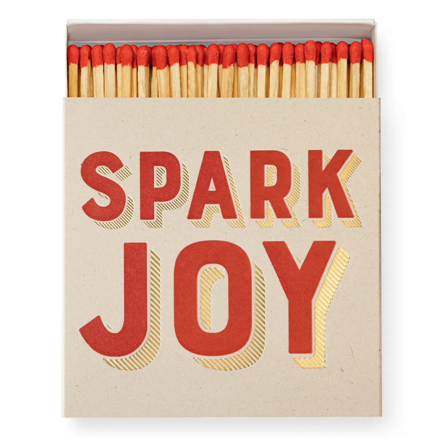 A partially open box of Faire's Matches/Square reveals red-tipped matches. The bold red and yellow "SPARK JOY" label makes it ideal for collectors who love unique matchbox designs.