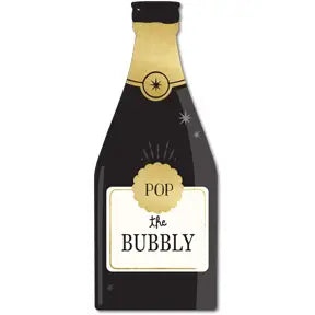 Illustration of a MME Napkin by Faire, featuring a festive champagne bottle with a black label adorned with a gold seal. The words "POP the BUBBLY" appear in bold letters, and the design is completed with stars and sparkles to enhance the celebratory theme.