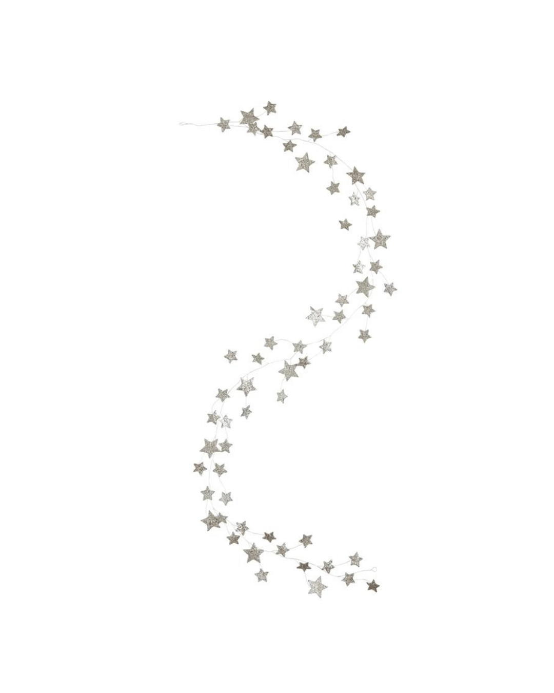 The XM2951 GLITTER STAR GARLAND from Creative Co-op features a delicate string of star-shaped lights with a glittery silver finish, arranged in a gentle spiral on a white background—perfect for holiday decor.