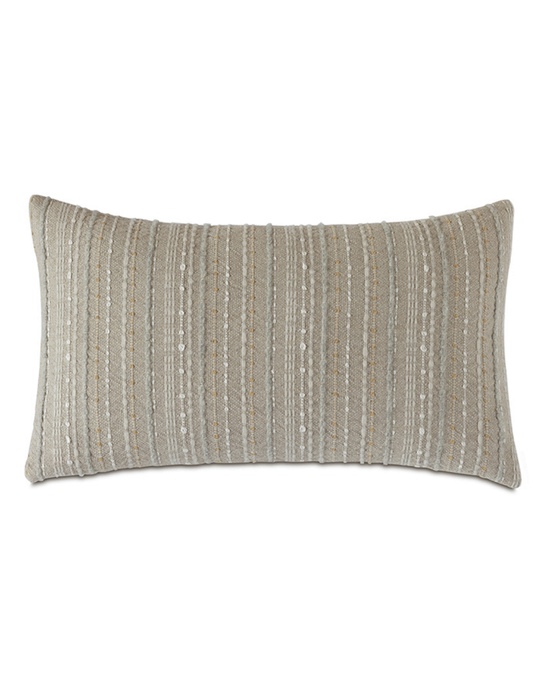 A rectangular RICH TEXTURED DECORATIVE PILLOW by Eastern Accents with a textured beige surface featuring multiple muted gold and silver stripes, isolated on a white background, perfect for a Scottsdale Arizona bungalow.