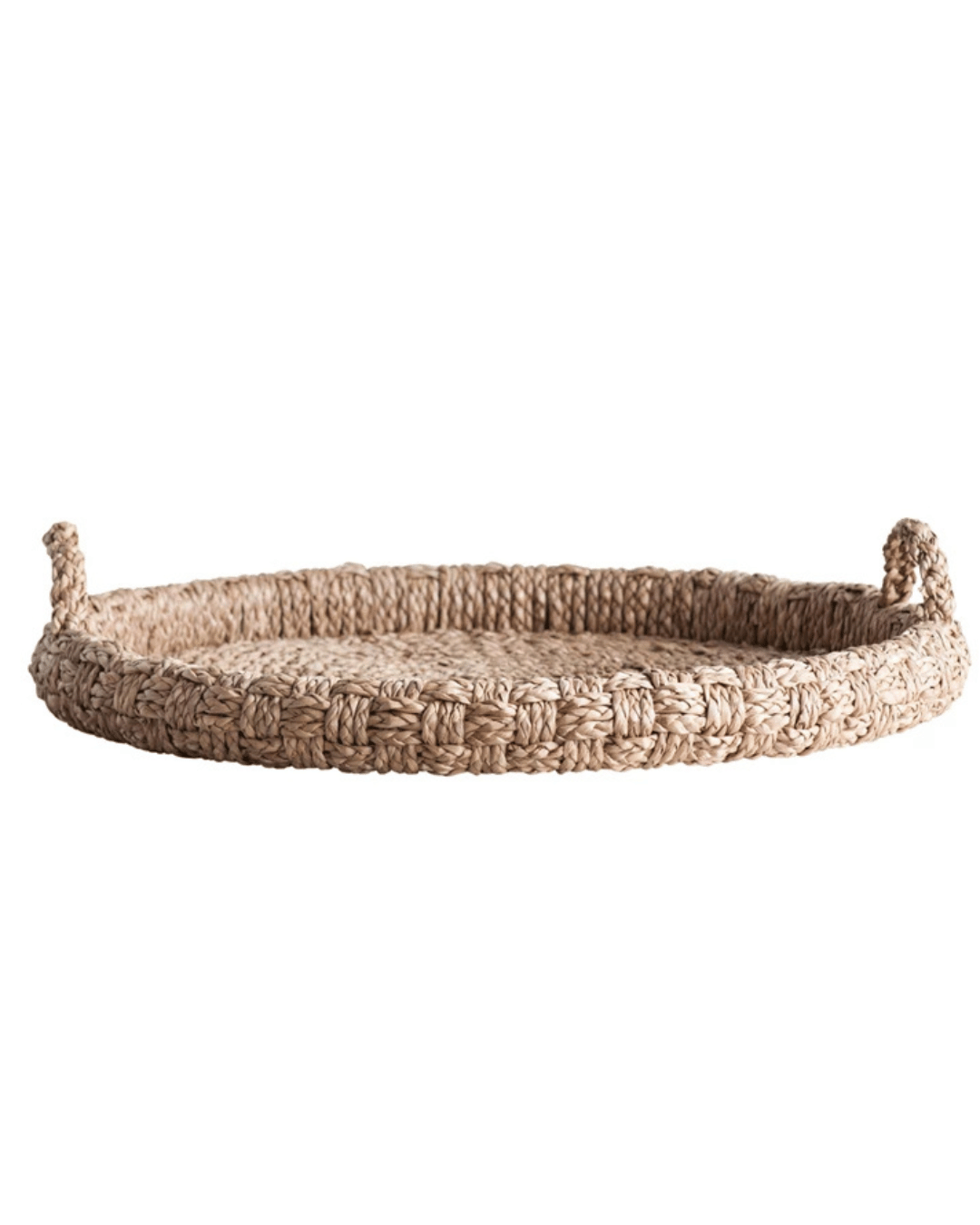 The Creative Co-op Tray is a round woven Bankuan tray featuring handles, crafted from natural fibers. Its braided texture adds a rustic charm, making it ideal for displaying decorative items or enhancing home decor. The flat design perfectly suits both decorative and functional purposes.