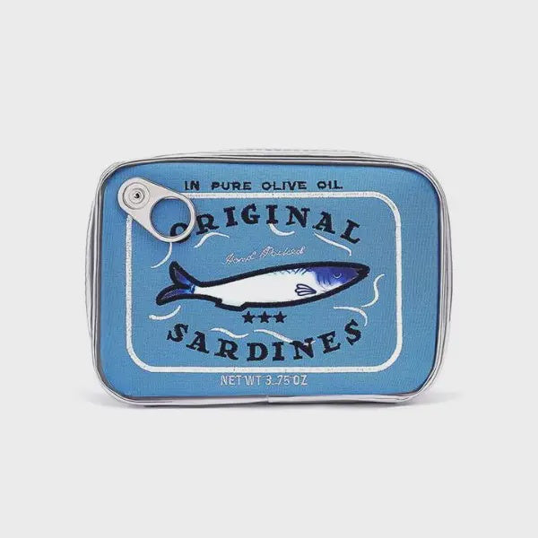 The Sardine's Tin Can Gift Cosmetic Bag by Faire features a blue label with a sardine illustration, text reading "In Pure Olive Oil" and "Original Sardines," and a simulated pull tab. Ideal as quirky gifts or stylish cosmetic bags. Weight: 3.75 oz.