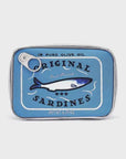 The Sardine's Tin Can Gift Cosmetic Bag by Faire features a blue label with a sardine illustration, text reading "In Pure Olive Oil" and "Original Sardines," and a simulated pull tab. Ideal as quirky gifts or stylish cosmetic bags. Weight: 3.75 oz.