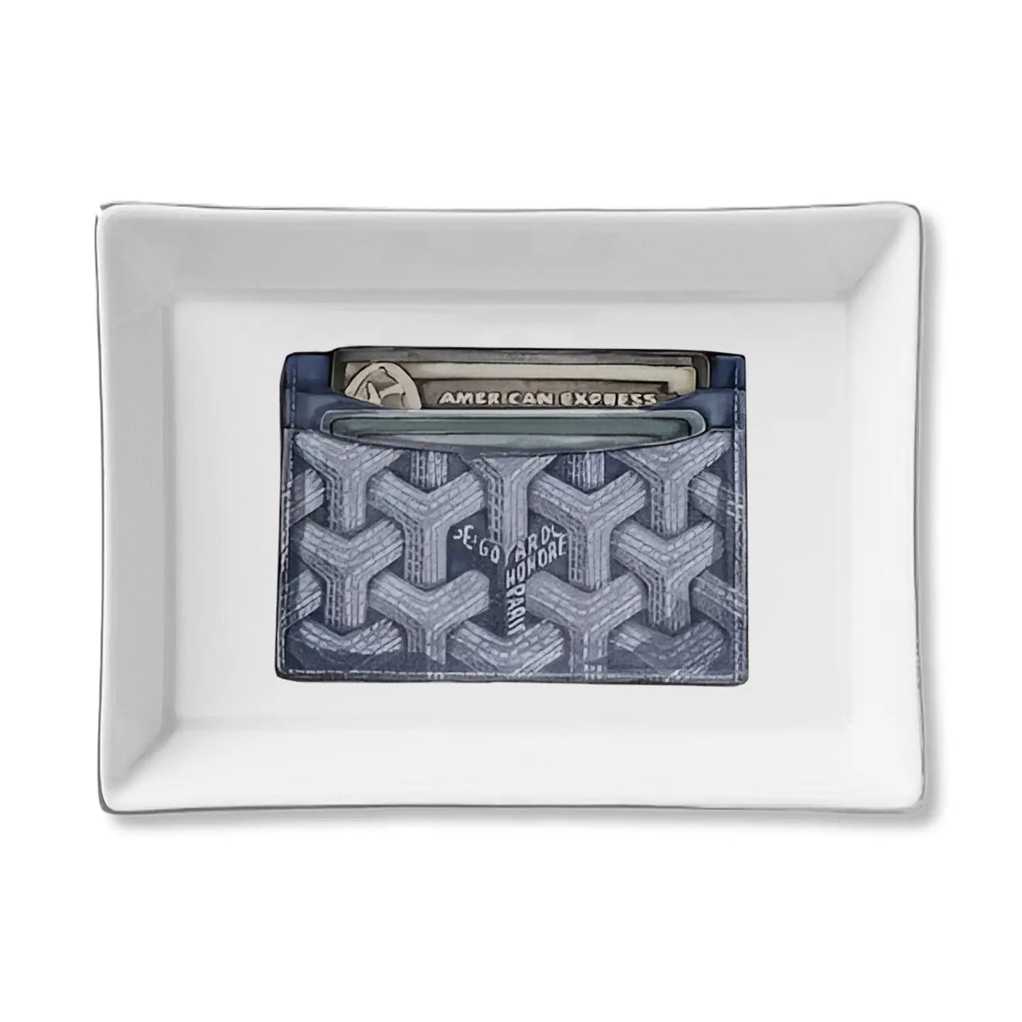 The Faire Ceramic Tray features a blue patterned cardholder with cash and an American Express card, centered on a white background—ideal as a stylish organizer or thoughtful gift.