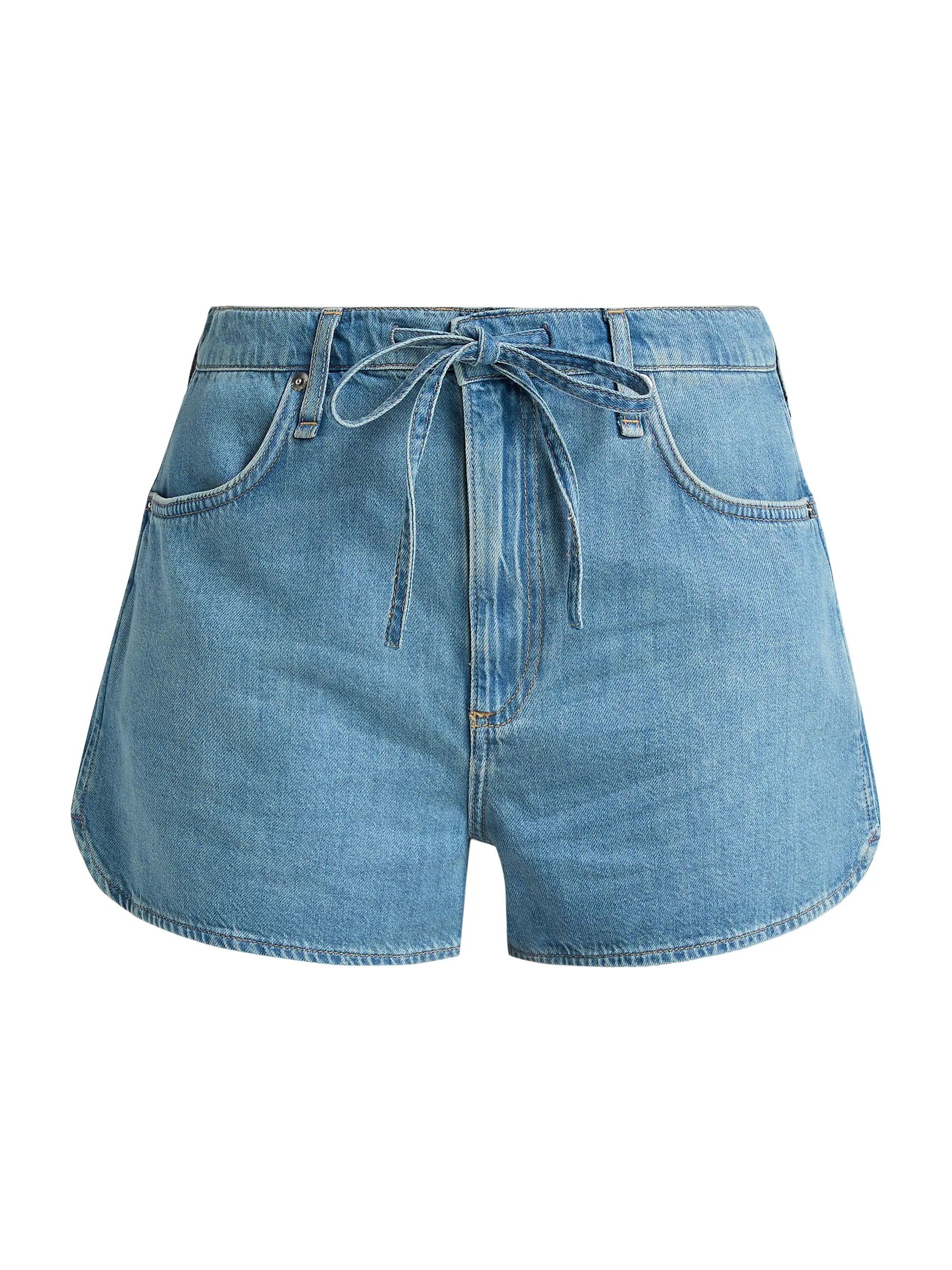 The Rag &amp; Bone uftwt nolan short features light blue denim, drawstring waist, belt loops, side and back pockets, visible stitching, and a relaxed five-pocket design.