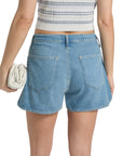 Wearing Rag & Bone uftwt nolan short in light blue with a drawstring waist and a white sleeveless ribbed crop top, this person stands back to camera, holding a white woven clutch in their left hand.