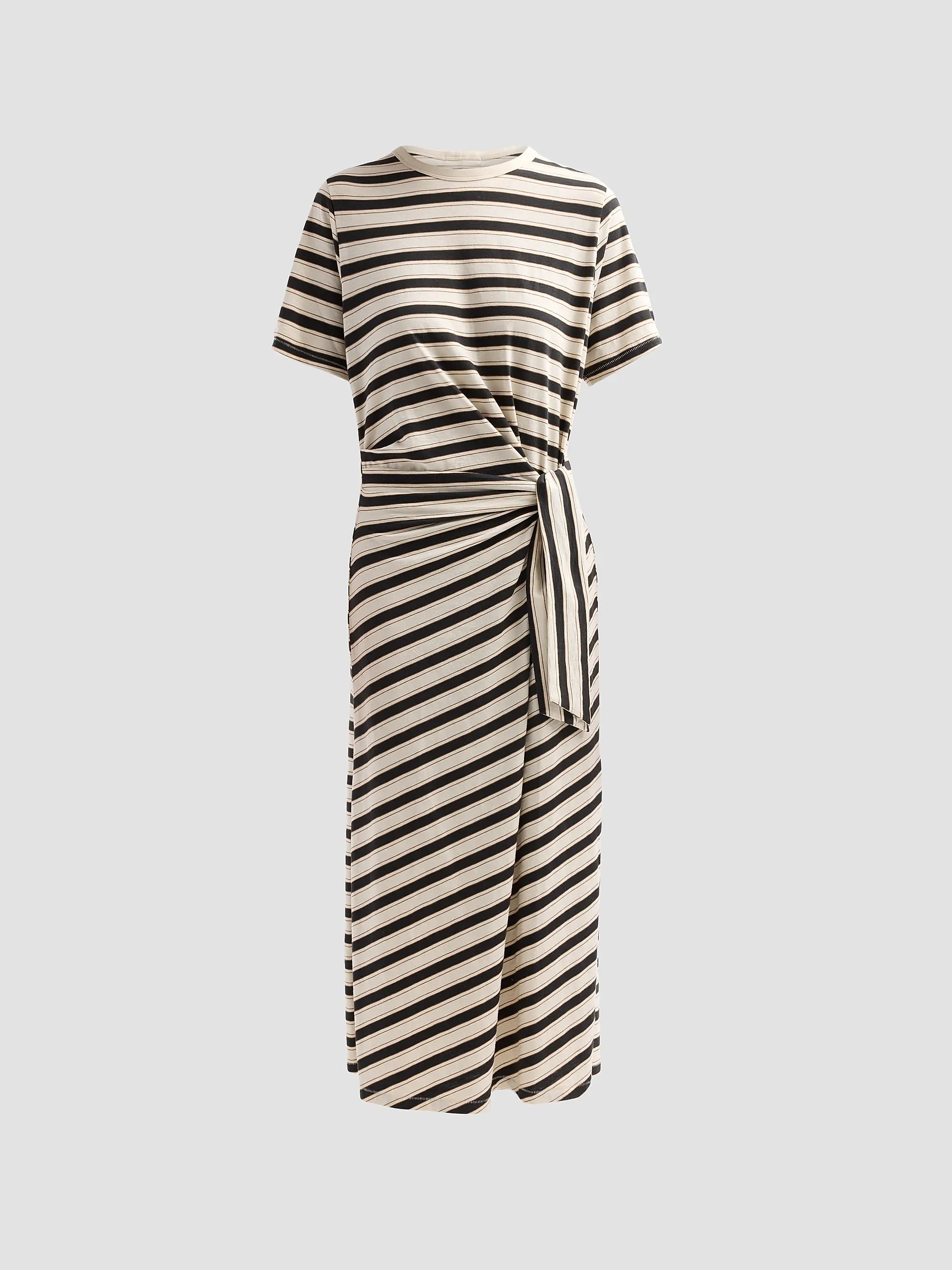 The slub stripe tee midi dress by Rag &amp; Bone features short sleeves, a round neckline, and a knotted waist. Black and white stripes run horizontally on the top and diagonally on the skirt and tie. Shown against a plain gray background.