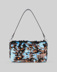 Staud Timmy Convertible Shoulder Bag with brown, blue, and silver paillettes on gray and a short strap.