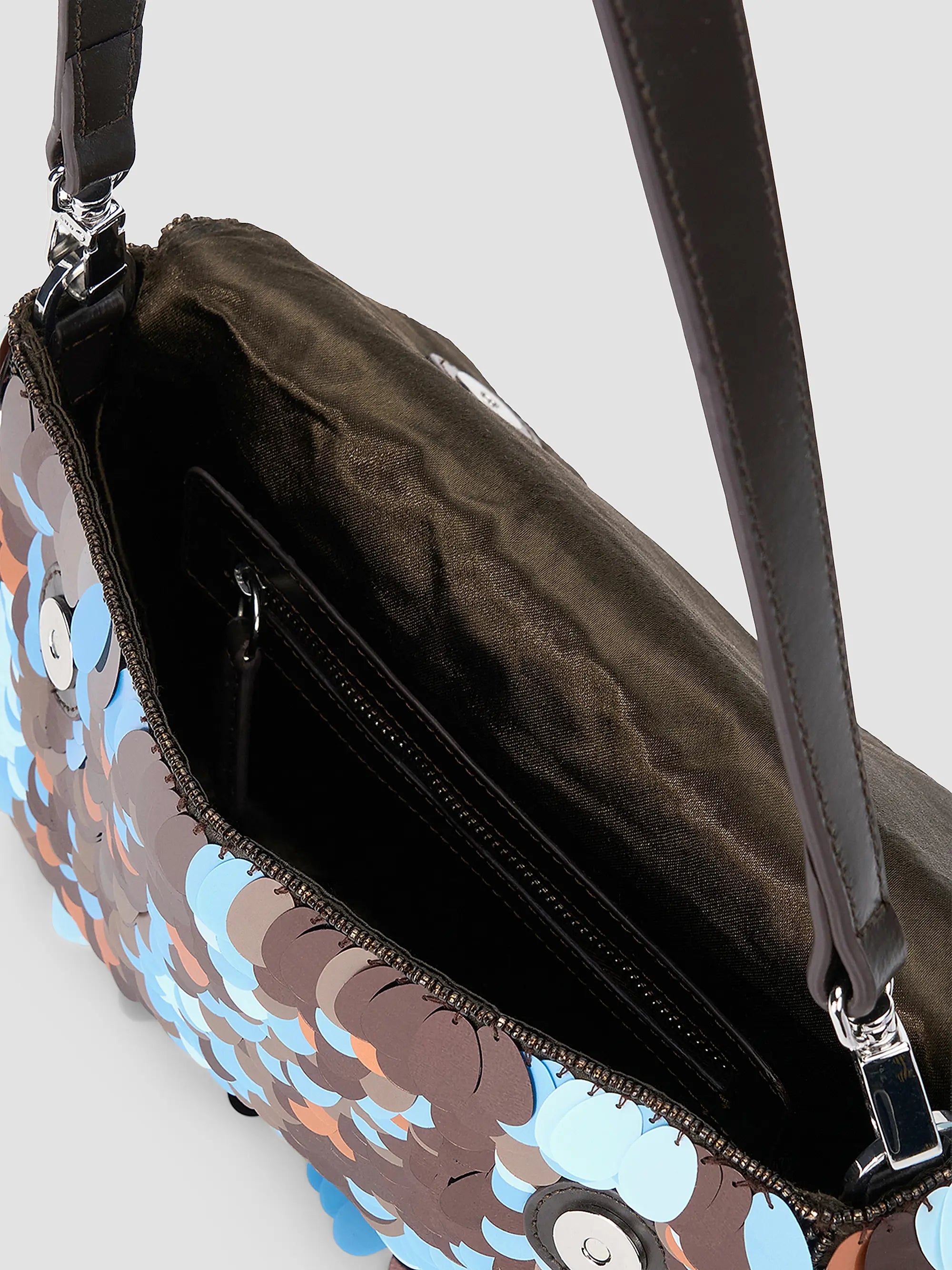 Staud Timmy Convertible Shoulder Bag with paillettes, black interior, zip pocket, and leather strap.
