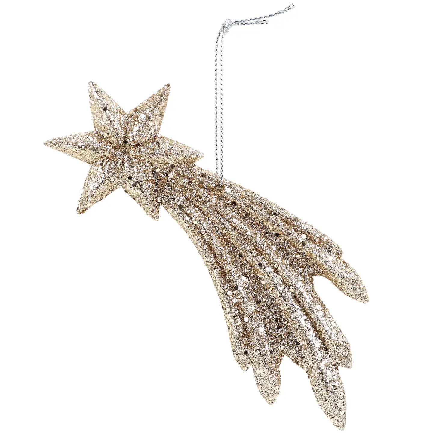 The Faire Christmas Ornaments Assorted features a glittery golden five-point shooting star with a sparkling tail and silver hanging string—ideal for any ornament collection.