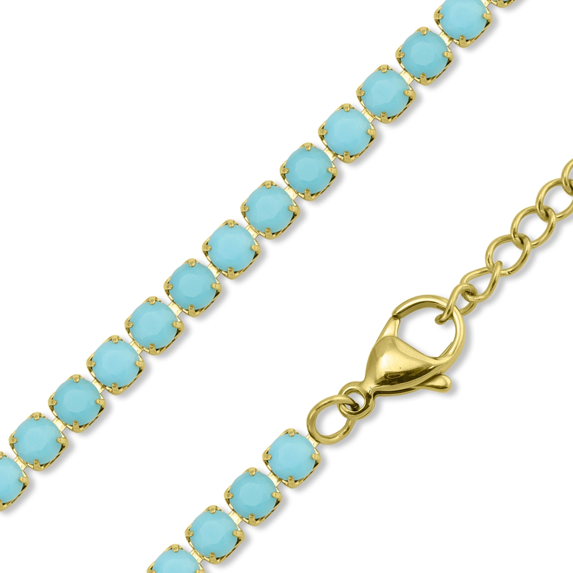 The Faire Turquoise Tennis Necklace features round turquoise rhinestones on 18K Gold PVD coated stainless steel with a lobster clasp closure, shown close-up against a white background.