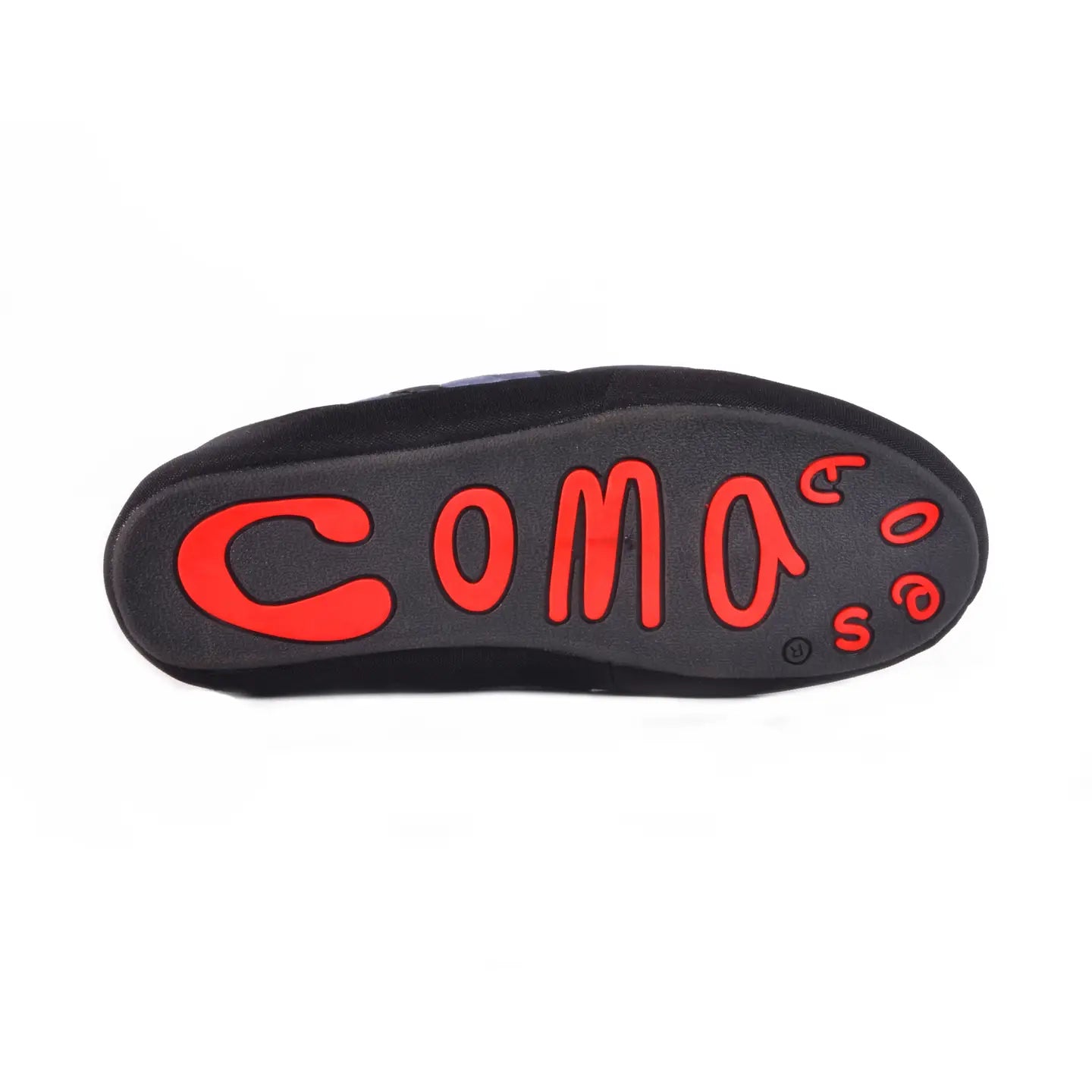 The black sole of Faire&#39;s Coma Toes slide slippers displays &quot;Coma&quot; in large, bold red letters with small red circles and a registered trademark symbol near the heel.