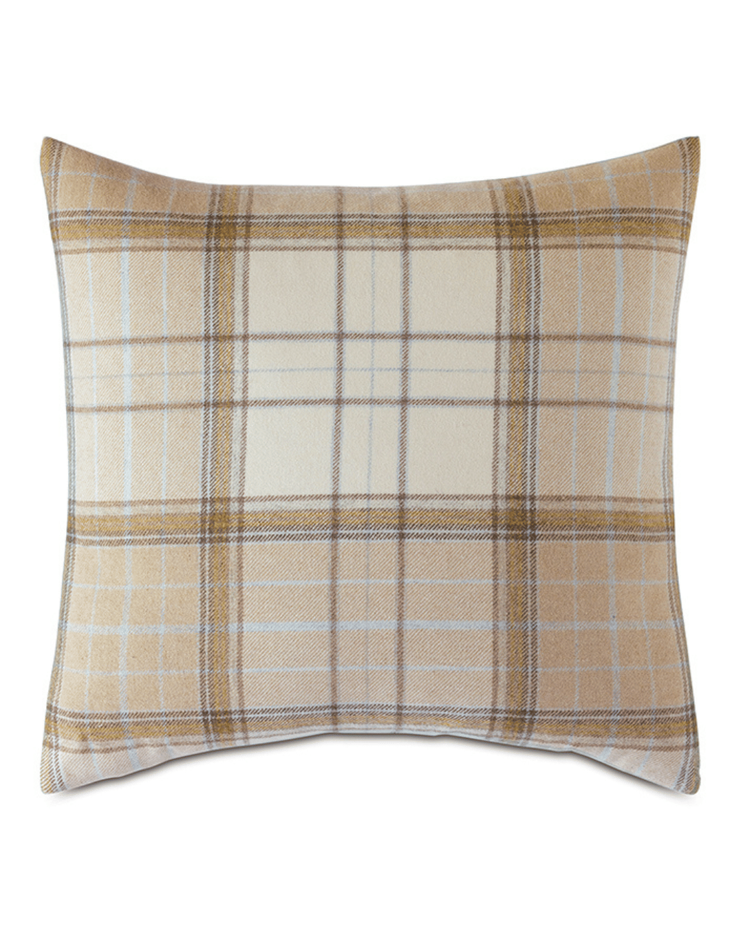 A rectangular throw pillow with a beige and soft brown plaid pattern, reminiscent of a Scottsdale Arizona bungalow, on a white background from Eastern Accents' RICH PLAID DECORATIVE PILLOW.