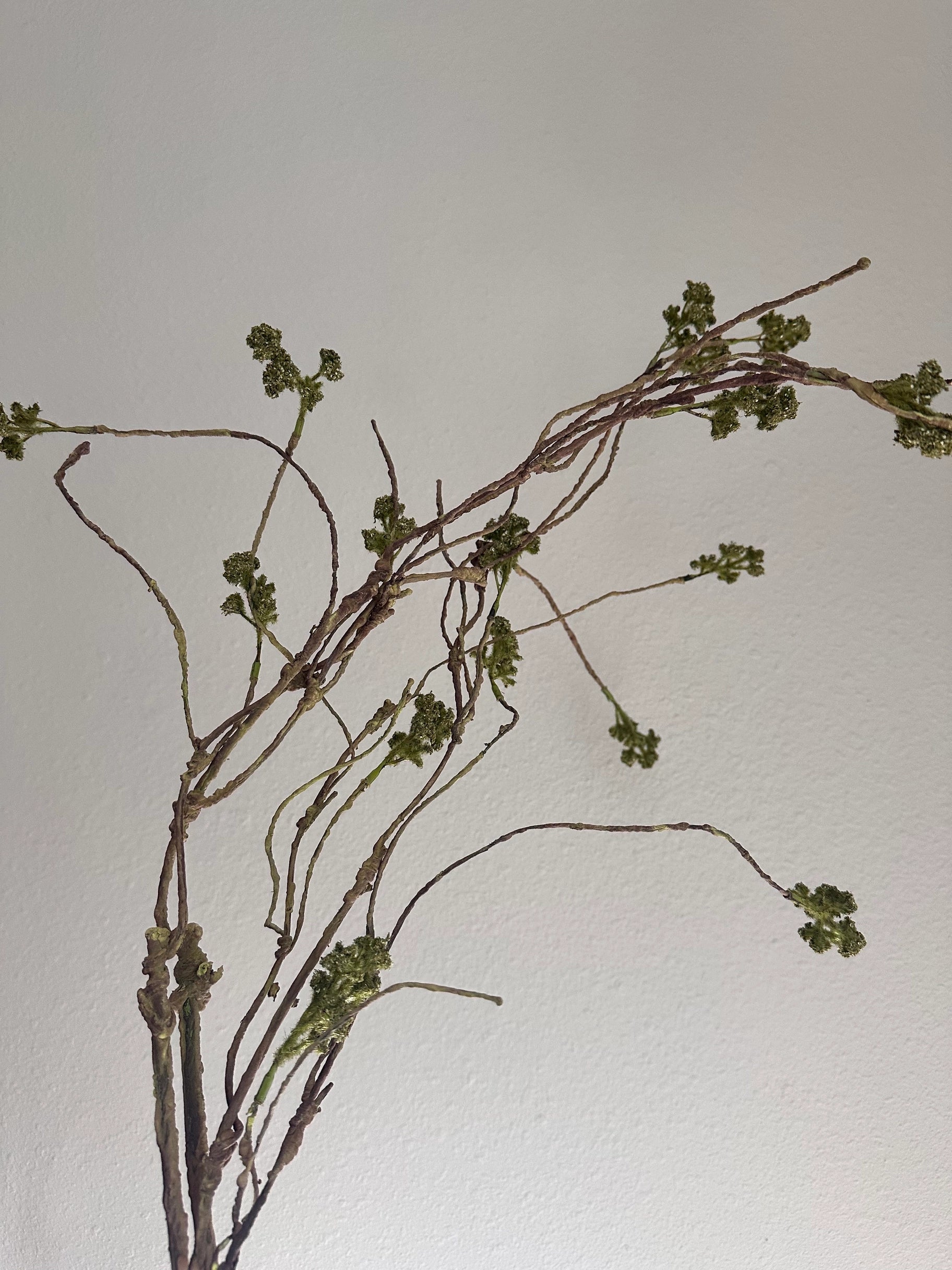 Faux moss twig spray with small green clusters, Bungalow Furniture, 36 inches, adds a wintry accent to pale walls.