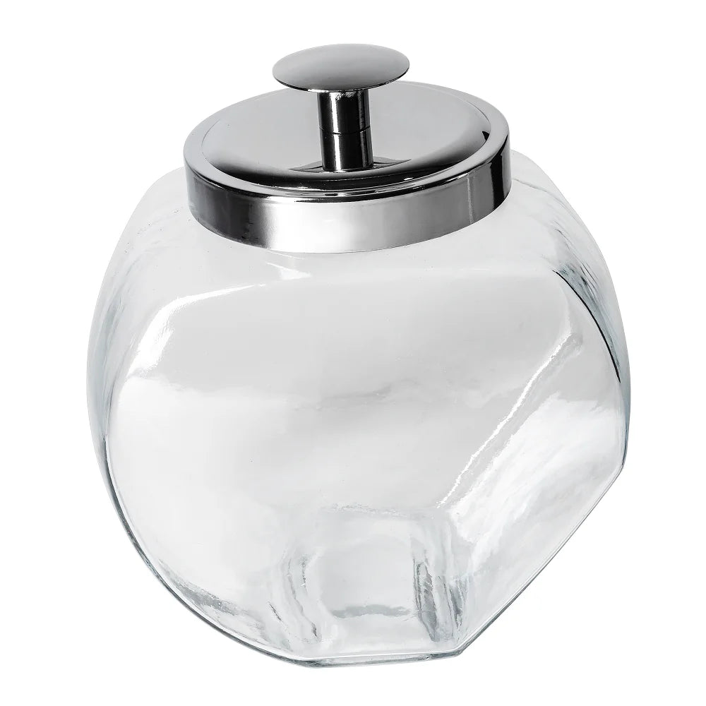 The Faire AH Penny Candy Jar 2qt is a clear glass storage jar with a wide mouth, shiny metal lid with round handle, and a slightly rounded faceted shape. Shown against a white background. Capacity: 64 ounces.
